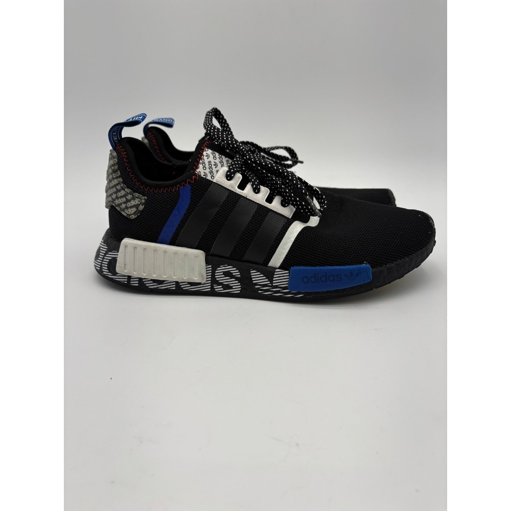 Adidas NMD R1 Mens 8.5 Womens 10 Black White Blue Logo Print Sneakers FX6794 - Picture 5 of 8